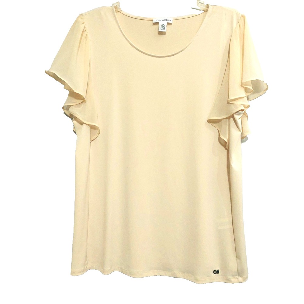 Calvin Klein Womens Large Popover Stretch Blouse Short Sheer Flutter Sleeves
